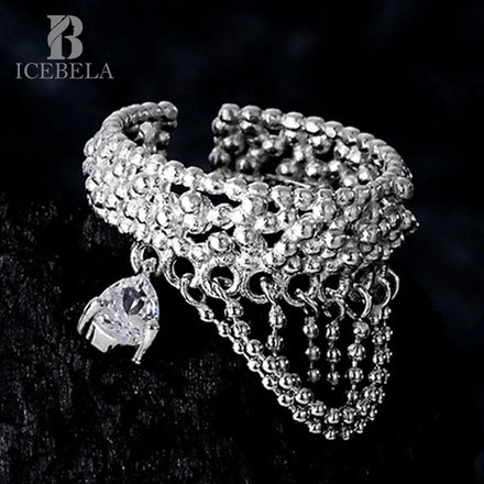 ICEBELA Original Design 925 Sterling Silver Beanie Chain Ring Ins Wind Adjustable Diamond Rings for Women