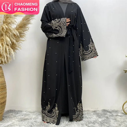 1684# Muslim Fashion Pretty Flower Embroidery With White Pearls Hot Sale Luxury Open Abaya 2 Colors Bottom Different Design