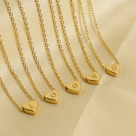 Women Stainless Steel Gold Plated Necklace Heart Pendant Letters Initial Engraving Necklace Letter Bulk Waterproof Tarnish Free