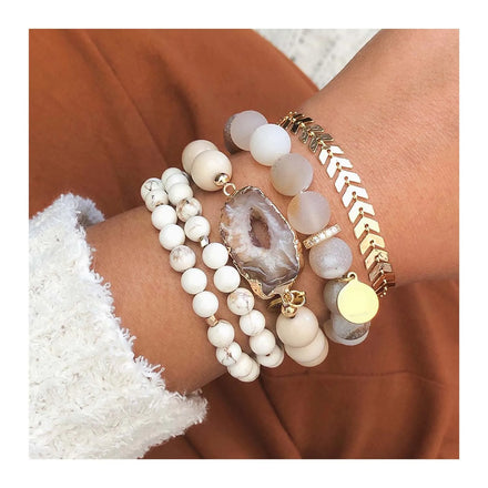 Boho Healing Rivestone and Stainless Steel Arrow Bracelet SetGeode Agate Quartz Stackable Bead Bracelet for Women Gift