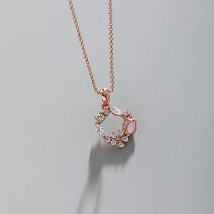 925 Sterling Silver Fashion Rose Flower Necklace Zircon Pink Jade Gemstone Necklace Fine Jewelry Necklaces for Women Girls