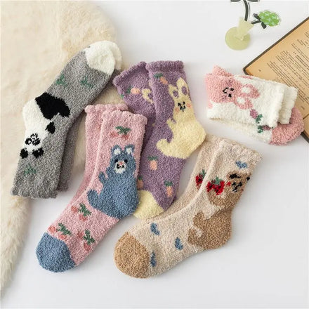 Custom Logo Cute Animal Fleece Indoors Girls Winter Warm Crew Fuzzy Women Wool Socks