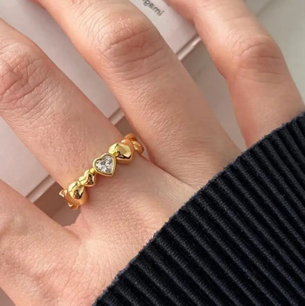 925 Sterling Silver Bezel Setting Zircon Various Size Hearts Link Opening Adjustable Finger Ring for Women