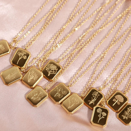 Hot Sale Women Waterproof 316L Stainless Steel 12 Month Engraved Square Birth Flower Necklace Women
