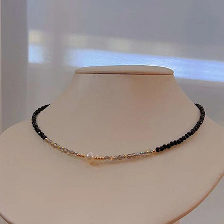 Women's Turquoise Crystal Pearl Necklace with 7-8MM Round Freshwater Pearl Gold Collar Chain Jewelry Featuring Natural Beads