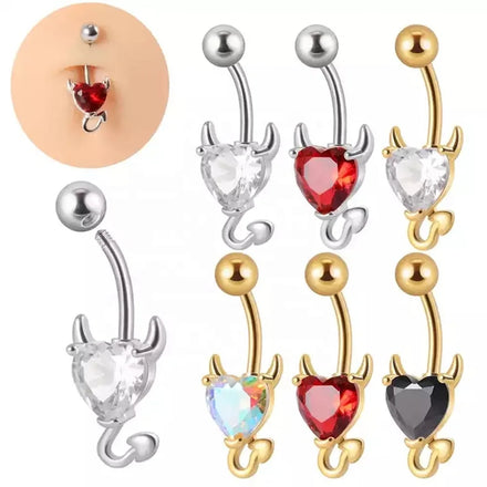 Hot Selling Fashion Navel Ring 316L Stainless Steel Devil Belly Button Ring Heart Shape Zircon Navel Piercing Body Jewelry