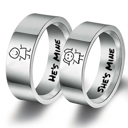 Stainless Steel Finger Ring Engraved with He's Mine/She's Mine Matching Rings Size 6-13 Silver Promise Ring for Couples
