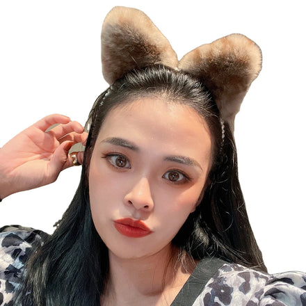 MWFur Cute Plush Headdress Hairpin Headband Face Wash Headband Female Rex Rabbit Fur Cat Ears Pearls Hair Accessories