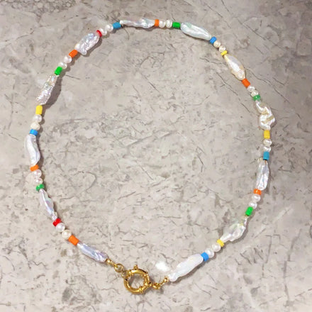 Colorful Beaded with Baroque Pearl Choker Necklace and Bracelet Set