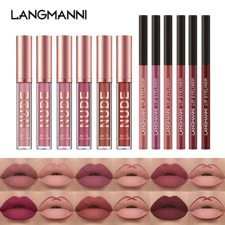 Langmanni Lip Gloss Lipliner Combination 2 Pcs Waterproof Matte Lip Gloss Set