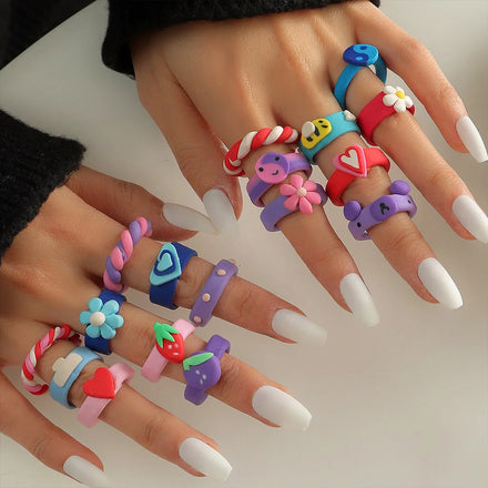 Cute Flower Smile Face Clay Ring Funny Creative Fruit Twist Polymer Clay Finger Rings for Girls Jewelry