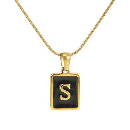 Wholesale New 18K Gold PVD Plated Small Black Enameled Initial Letter Pendant Female Fashion Chains Zodiac Pendant Necklace