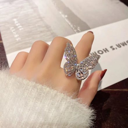 Fashion Korean Full Diamond Butterfly Adjustable Open Ring Inlaid Zircon Butterfly Ring for Women Jewelry Wholesale