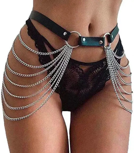 Punk Leather Belly Waist Chain Belt Silver Layered Festival Rave Body Chain Jewelry for Women and Girls