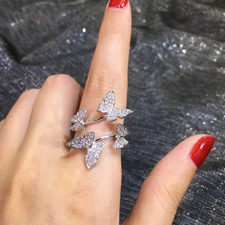 Popular Delicate Micro Paved Cubic Diamond Four Butterfly Open Rings Bling Crystal Rhinestone Animal Butterfly Shape Rings