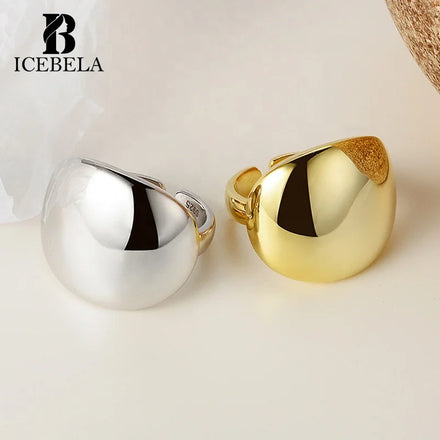 ICEBELA Hot Selling INS Fashion Jewelry 925 Sterling Silver Gold Plated Ring Smooth Open Adjustable Plain Silver Ring for Girl