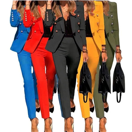 New Women's Commuter Blazer Suit Solid Color Flap Pockets Button Jacket & Long Pencil Pants Fashion 2 Piece Suit