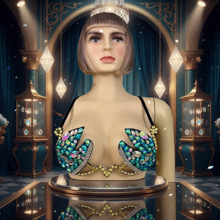 Handmade Samba Carnival Rainbow Stone Sexy Belly Dancing Costume Bling Bling Wire Bra Top for Performance Wear EDC Rave Outfit