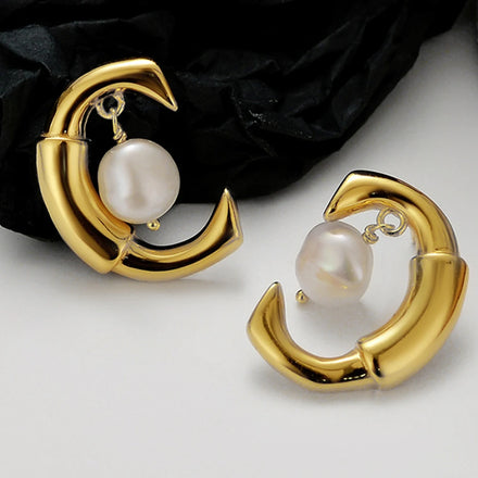 ICEBELA Plated Baroque Pearl Earrings Moon Stud Earrings Gold Wholesale Personality Niche 925 Sterling Silver for Women 18K 3mm