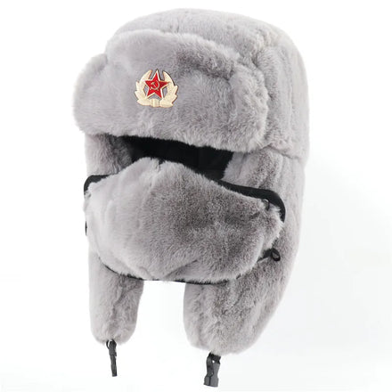 Russian Soviet Winter Hat for Men Artificial Rabbit Fur Ushanka with Red Star Earflap Hat for Cold Weather and Sports