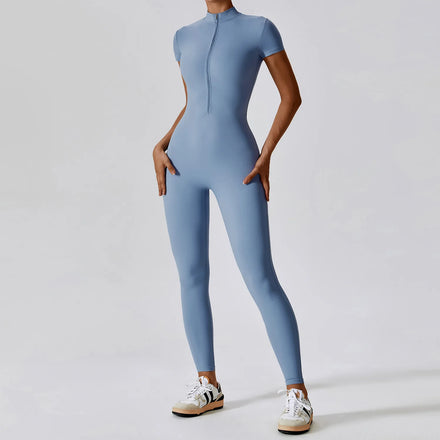 Women's Long Front Zipper Satin Yoga Jumpsuit Short Sleeve Compression Stretchy Tummy Control Quick Dry Streetwear Skinny