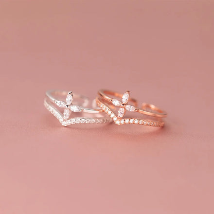 CZ Flower Shape Adjustable Open Rose Gold Plated Double Layer 925 Sterling Silver Finger Rings Fashion Jewelry for Women