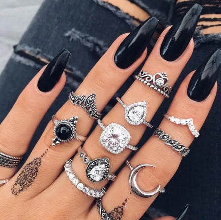 10pc/set Ring Carved Cubic Zirconia Ring Set Ladies Retro Boho Fingertips Party Ring Girl Punk Jewelry Gift Wholesale