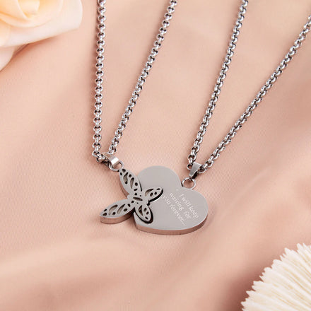 2 Pcs/Set Stainless Steel Couple Necklace Love Forever Engraved Puzzle Butterfly Heart Necklace for Couple Love Valentine's Day
