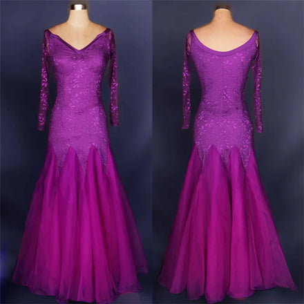 Custom MOQ 1PCS Women Lace Long Sleeve Plain Purple Blue Waltz Dance Costume
