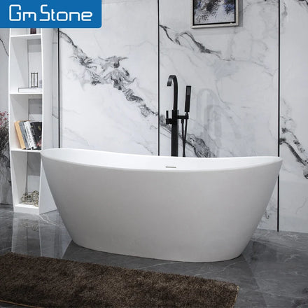Oval Shape Freestanding Soaking Bathtub Surface Artificial Stone GM-8016 High-end Solid Modern Hotel Hinoki Wood Bathtub Drainer