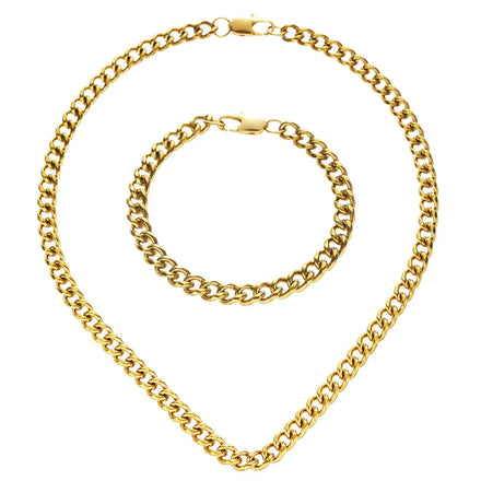 Hip Hop Stainless Steel Miami Cuban Chain Bracelet Necklace Chunky Link Chain Necklace Set for Women Men