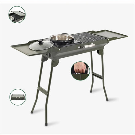 Modern Portable Folding Carbon Steel Charcoal BBQ Grill with Side Table Green Outdoor Camp Tool