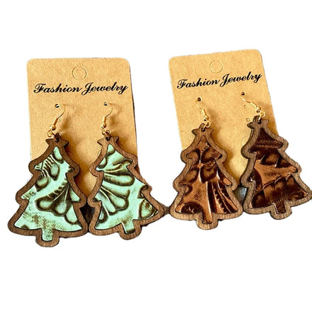 New Arrival Bohmia Style Emerald Retro Embothe Wooden Leopard Christmas Tree Gift Pendant Wood Earrings for WOMEN