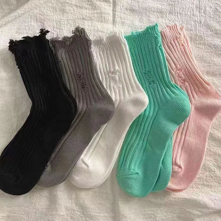 Wholesale Fashion Solid Color Ripped Distressed Socks Women Street Goth Mid Calf Socks