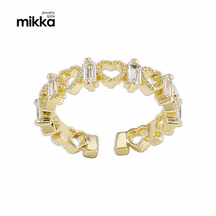 Heart Design Ladies Elegant Adjustable Open Gold Plated Cubic Zirconia CZ Wide Ring for Women