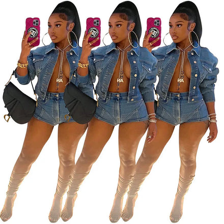High Stretch Skinny Street Wear Long Sleeve Crop Top Denim Shorts Set Women Two Piece
