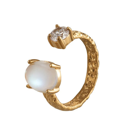 Ready to Ship High Quality lava Open Cuff Natural Gemstone Pearl Crystal Stainless Steel Ring for Women