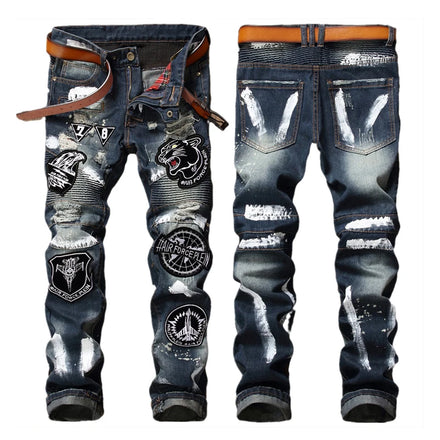 American StreetStyle Hip Hop Embroidered Ripped Washed Jeans Men's Badge Hand-painted Trend Pleated Stitching Motorcycle Long