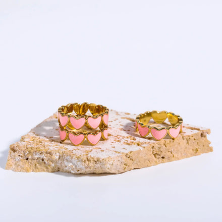 Ins Hot Party Jewelry Pink Enamel 18k Gold Heart Women Ring
