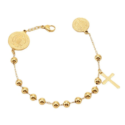 Fashion Stainless Steel Bracelet with Gold Beads and Cross Gold-Plated Lady's Chain
