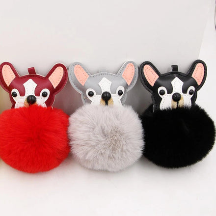 French Bulldog Fluffy Rabbit Fur Ball Pompom Dog Keychain Offset Printed PU Leather Customizable Durable Animal Keyring