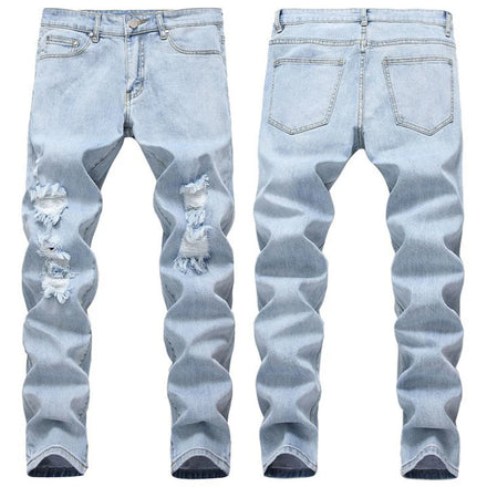 AeeDenim Custom Ripped Knee Frayed Small Straight Slim Jeans European American Style Men's Stretch Trousers Pants