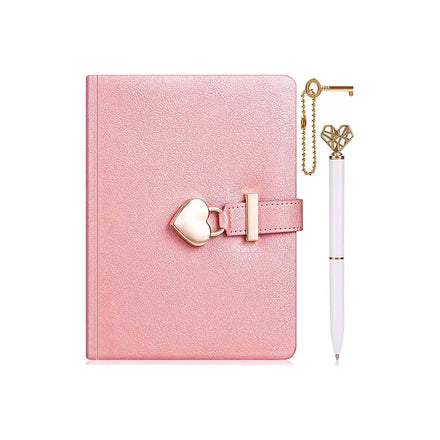 PU Leather Hardcover Journal Personal Secret Diary for Girls with Heart-Shaped Lock & Pen Gift Set Thread Sewing Customizable