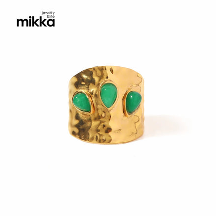 Green Natural Stone Stainless Steel 18k Gold Plated Metal Fashion Wide Ring Charm Texture Waterproof Jewelry Women