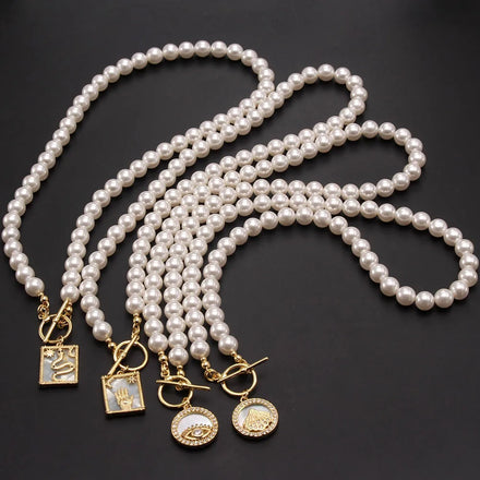 Newest Fashion Pearls Beaded Necklace Cubic Zirconia Jewelry Shell/Eye/Hand Pendant Necklaces 18K Gold Plated Choker Women Gift
