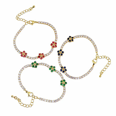Dainty Chic 18K Gold Plated CZ Flower Tennis Bracelet Colorful Cubic Zirconia Adjustable Bracelet for Women Trendy Jewelry Gift