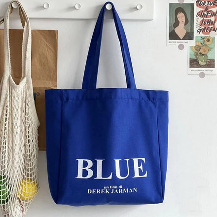 Blue Canvas Tote Bag Letter Printing Student Schoolbag With Zipper Shoulder Shopping Bags for Woman