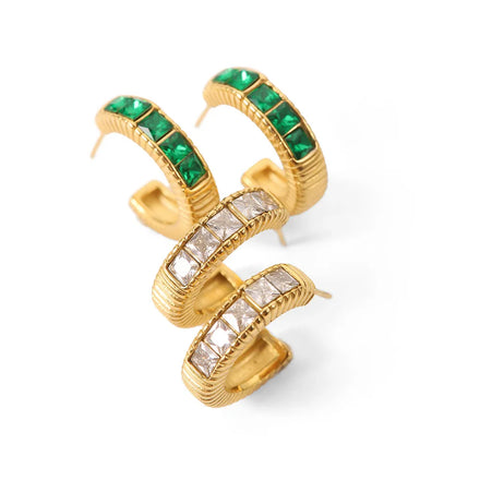 High Quality Bling Square Cubic Zircon Inlaid Stud Earrings 18K PVD Gold Plated Stainless Steel C Shape Earrings Jewelry