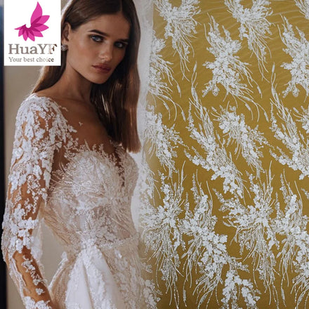 100 Polyester 52 Inches Width Embroidery Beads Lace Foamarine Flowers for Wedding Dress HY2181