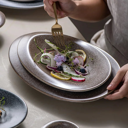 Vintage Stoneware Dinner Plate Ceramic Oval Cold Dishes Steak Sushi Fruit Pasta Cake Show Serving Tray Restaurant Dinnerware Set